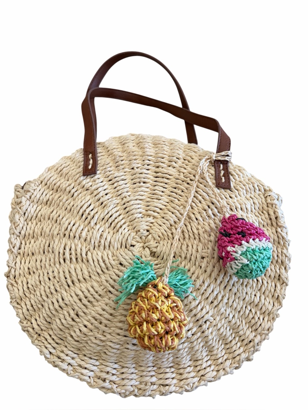 Fun Round Straw Tote w/Watermelon & Pineapple Charms